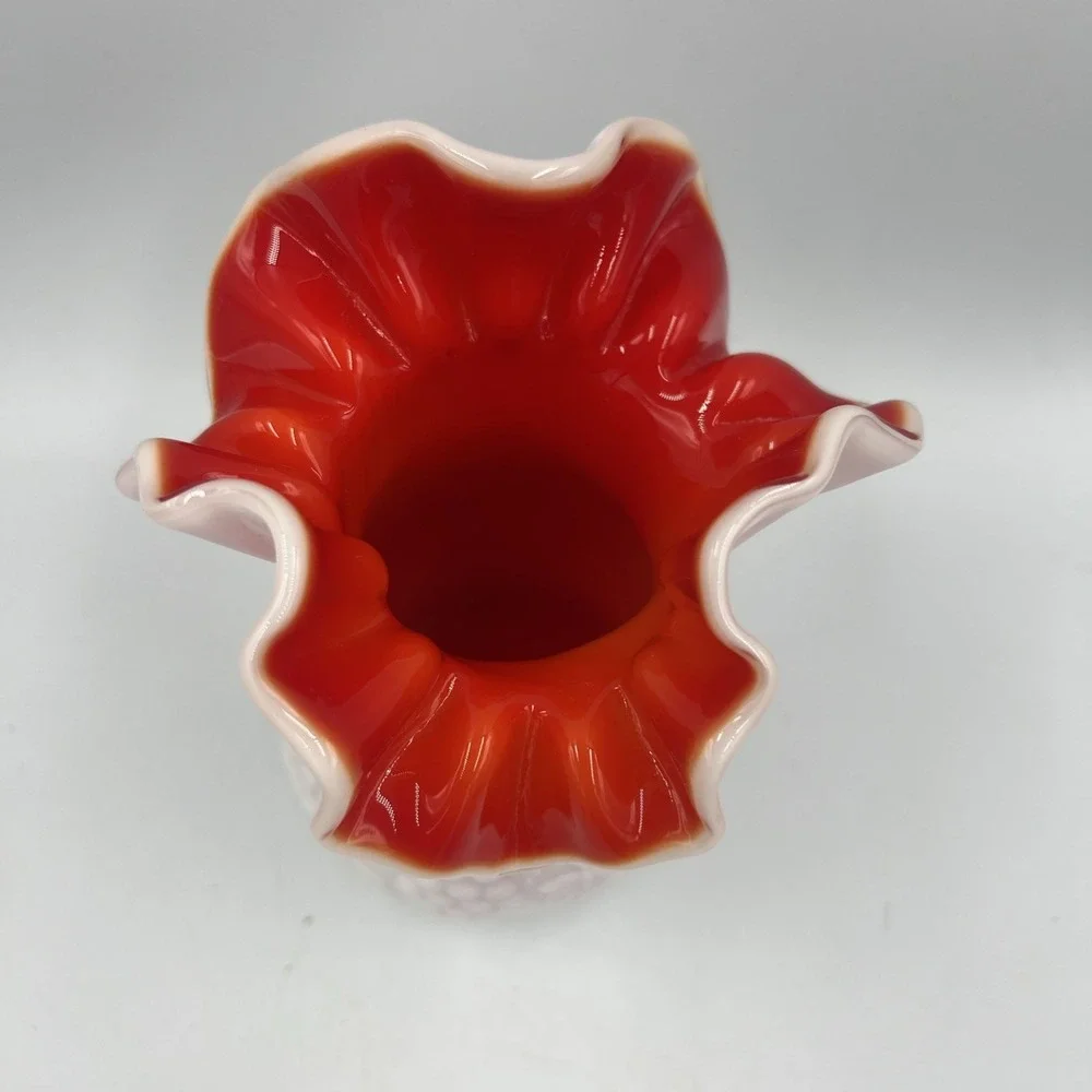 VTG Kanawha Pink Cased Glass Vase‎ w/ Ruby Red Interior Grape & Vine Ruffle